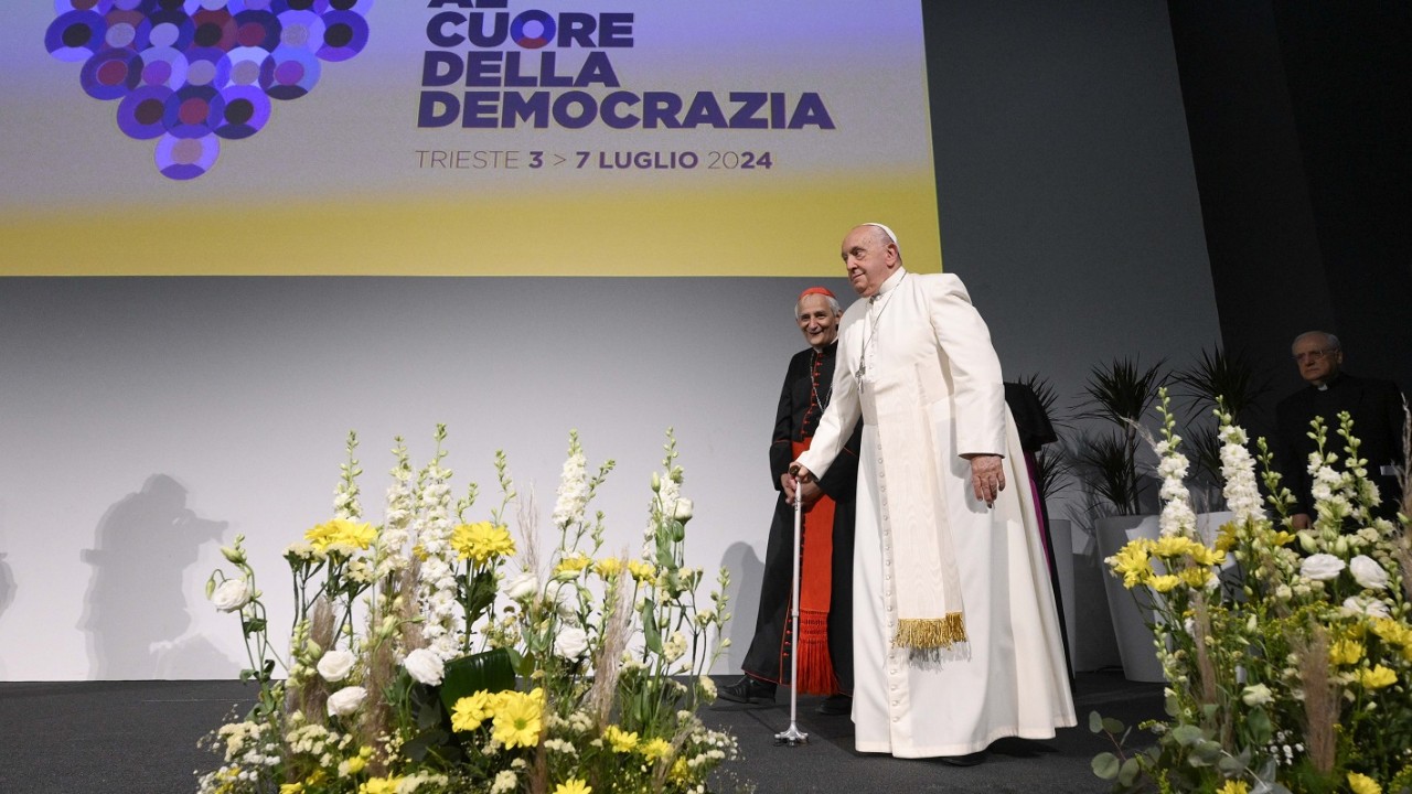 caption: Pope Francis at the 50th Catholic Social Week in Italy